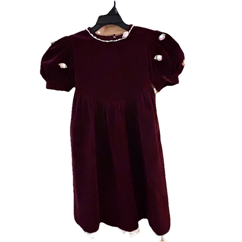 Osh Kosh Vintage Girls Velvet Dress Size 6 Pink Rose Accents Lace Hem 1980s 90’s